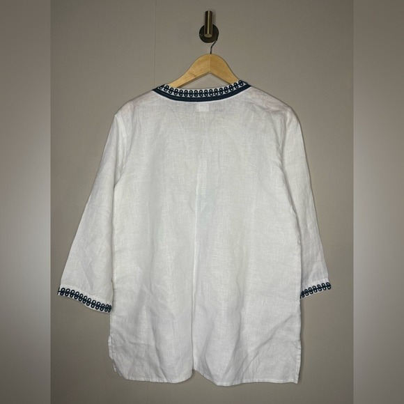 Symple NYC White Linen Tunic Top Navy Embroidered 3/4 Sleeve Boho L - Picture 4 of 5